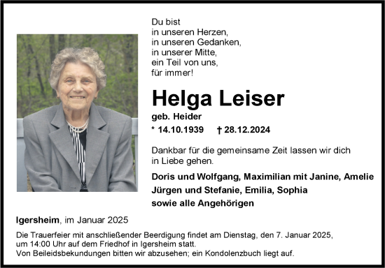 Traueranzeige von Helga Leiser von Fränkische Nachrichten