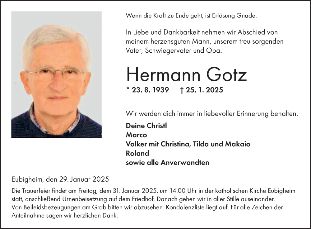  Traueranzeige für Hermann Gotz vom 29.01.2025 aus Fränkische Nachrichten