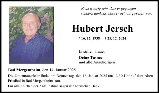 Traueranzeige von Hubert Jersch von Fränkische Nachrichten