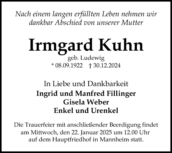 Traueranzeige von Irmgard Kuhn von Mannheimer Morgen