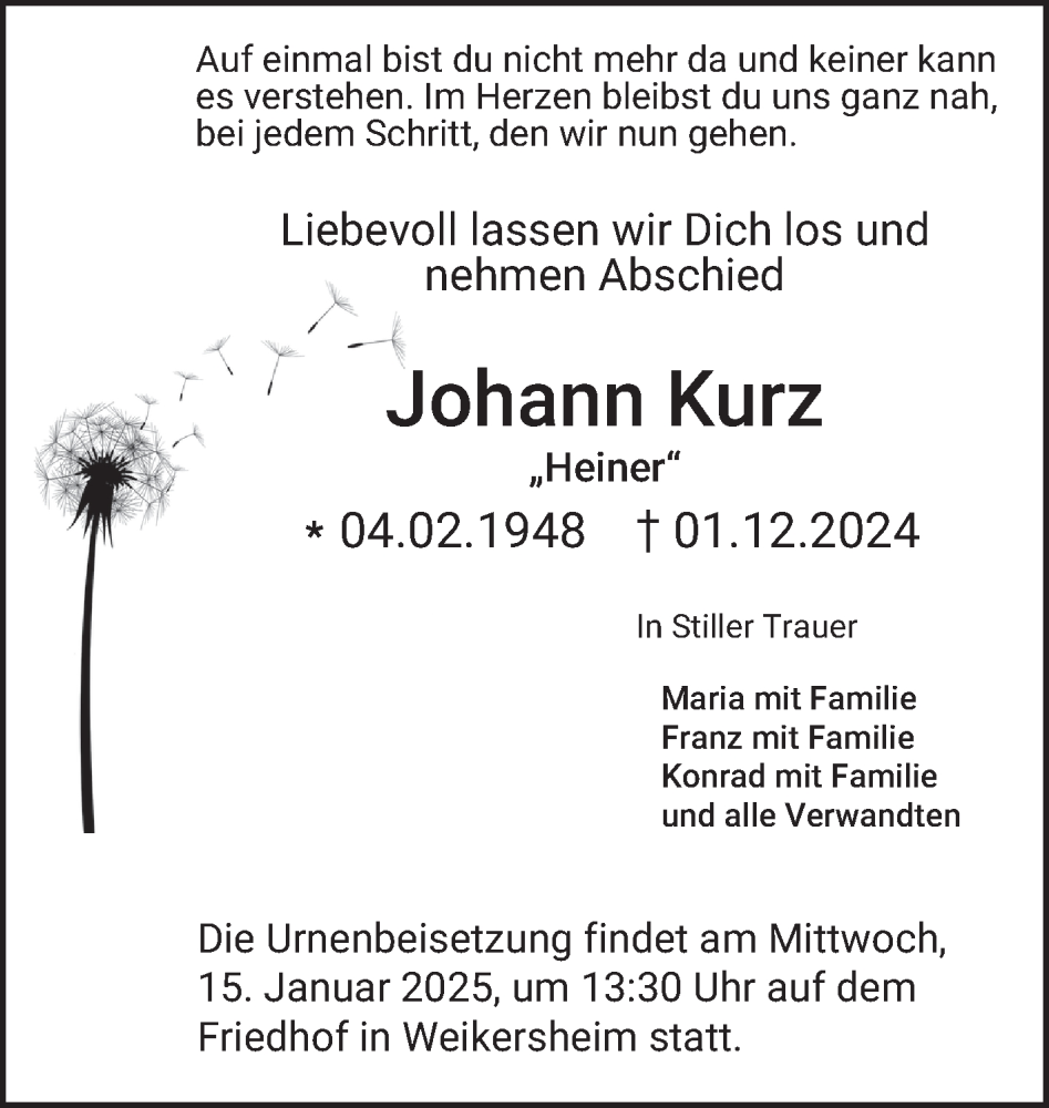  Traueranzeige für Johann Kurz vom 11.01.2025 aus Fränkische Nachrichten