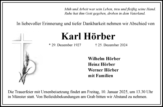 Traueranzeige von Karl Hörber von Fränkische Nachrichten