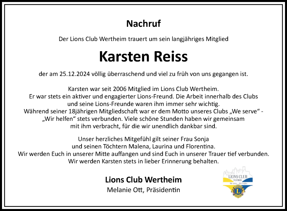  Traueranzeige für Karsten Reiss vom 04.01.2025 aus Fränkische Nachrichten