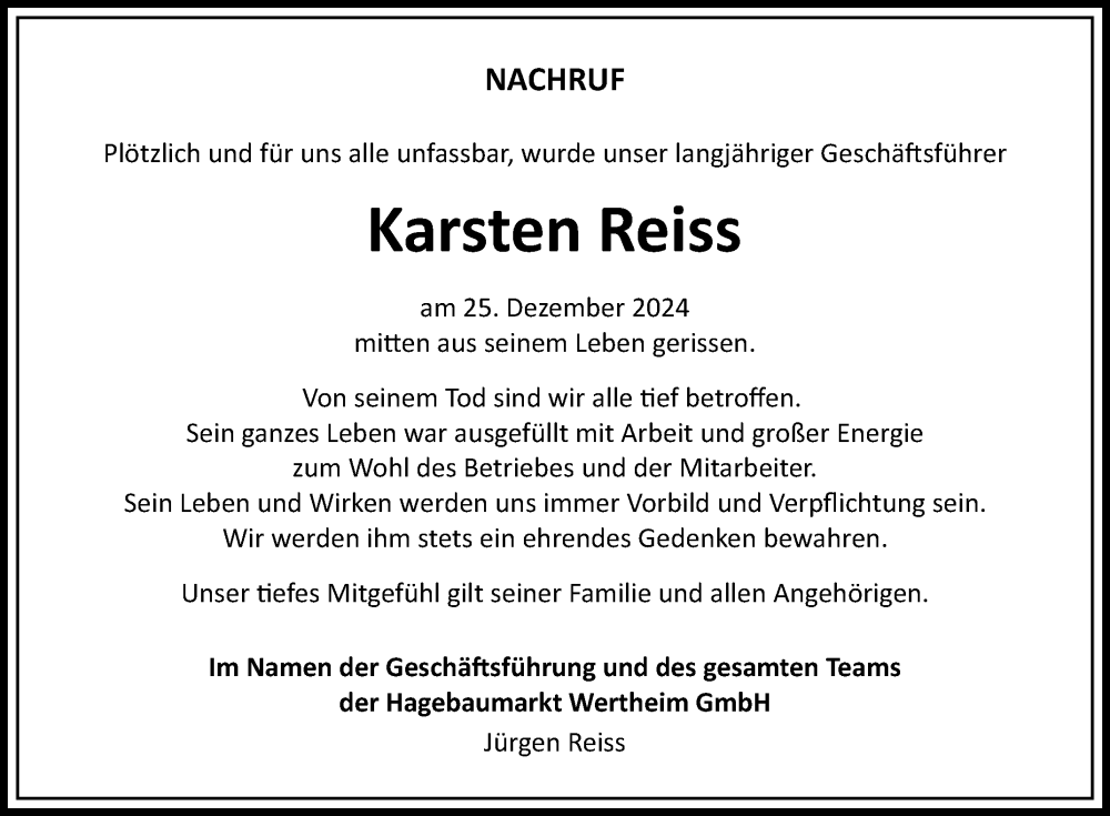  Traueranzeige für Karsten Reiss vom 04.01.2025 aus Fränkische Nachrichten