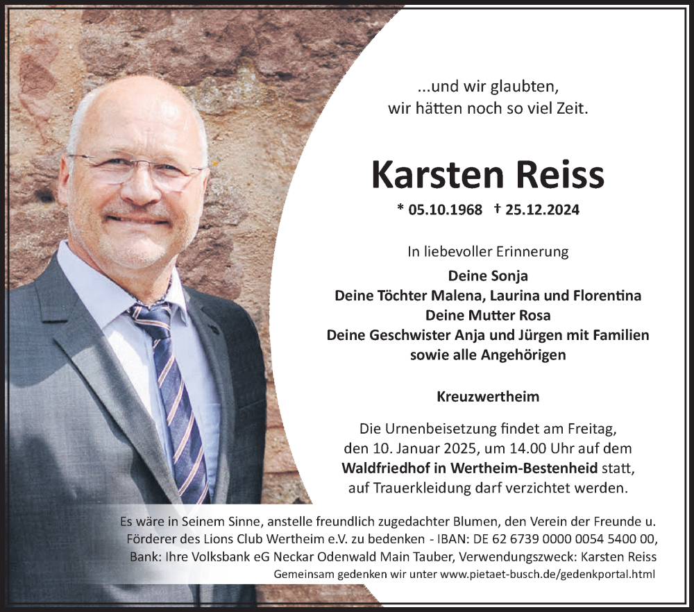  Traueranzeige für Karsten Reiss vom 04.01.2025 aus Fränkische Nachrichten