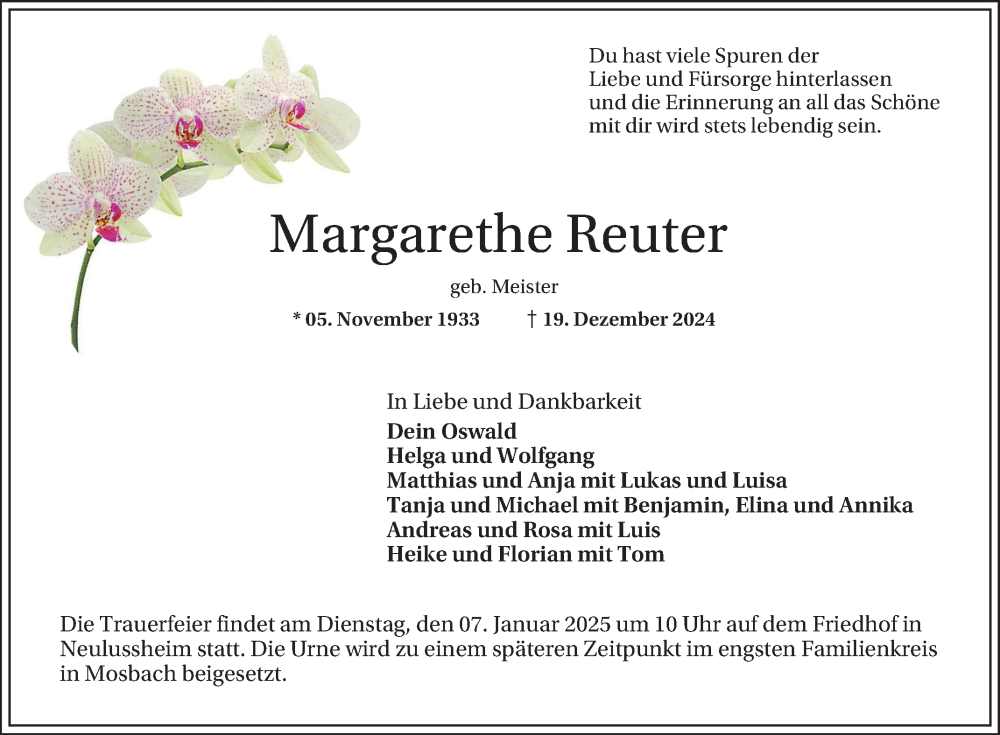  Traueranzeige für Margarethe Reuter vom 04.01.2025 aus Schwetzinger Zeitung