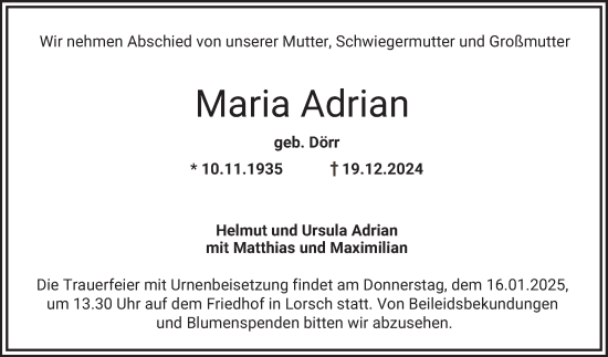 Traueranzeige von Maria Adrian von Bergsträßer Anzeiger