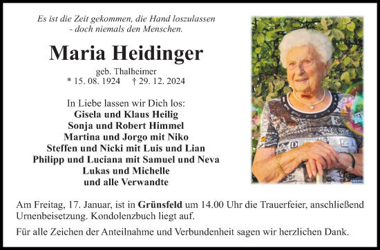 Traueranzeige von Maria Heidinger von Fränkische Nachrichten