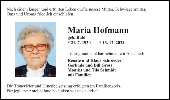 Traueranzeige von Maria Hofmann von Fränkische Nachrichten