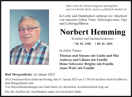 Traueranzeige von Norbert Hemming von Fränkische Nachrichten