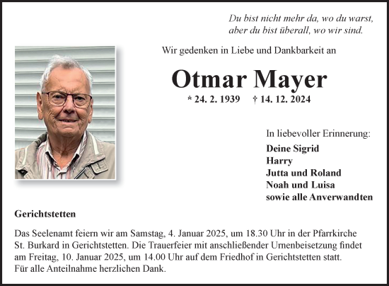 Traueranzeige von Otmar Mayer von Fränkische Nachrichten