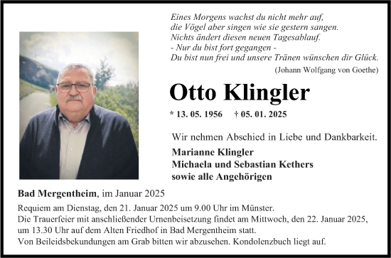 Traueranzeige von Otto Klingler von Fränkische Nachrichten