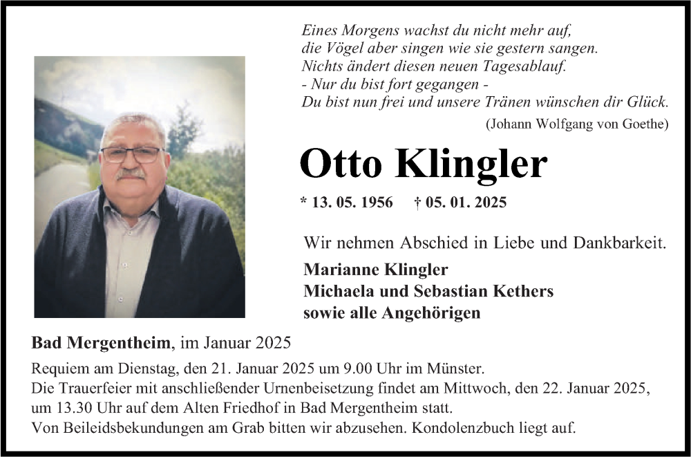  Traueranzeige für Otto Klingler vom 18.01.2025 aus Fränkische Nachrichten