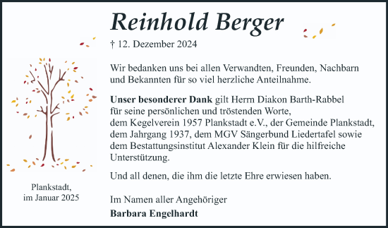 Traueranzeige von Reinhold Berger von Schwetzinger Zeitung