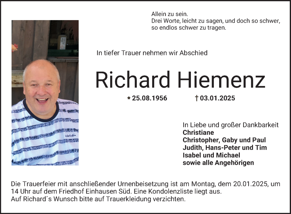  Traueranzeige für Richard Hiemenz vom 11.01.2025 aus Bergsträßer Anzeiger