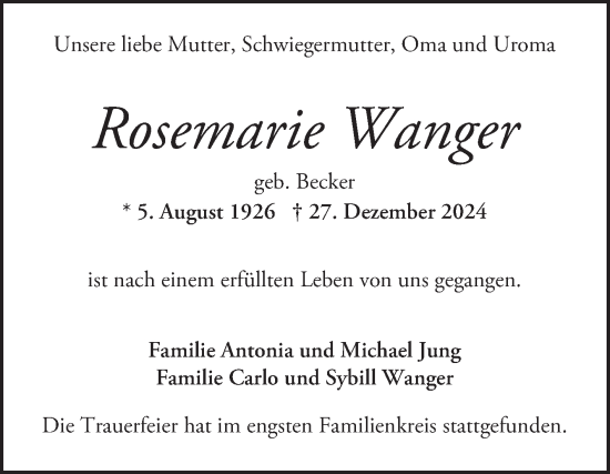 Traueranzeige von Rosemarie Wanger von Mannheimer Morgen