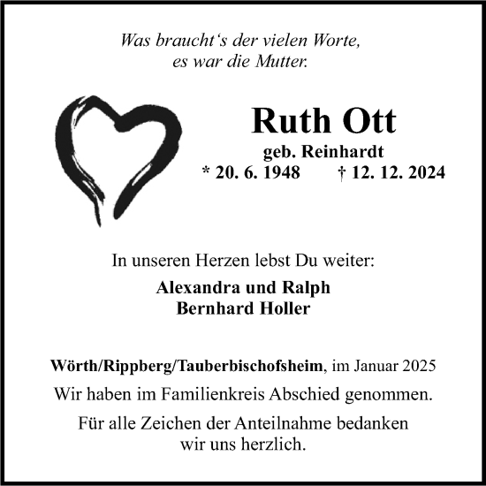 Traueranzeige von Ruth Ott von Fränkische Nachrichten