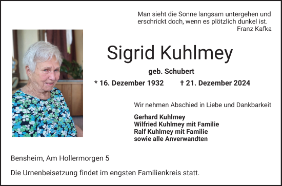 Traueranzeige von Sigrid Kuhlmey von Bergsträßer Anzeiger