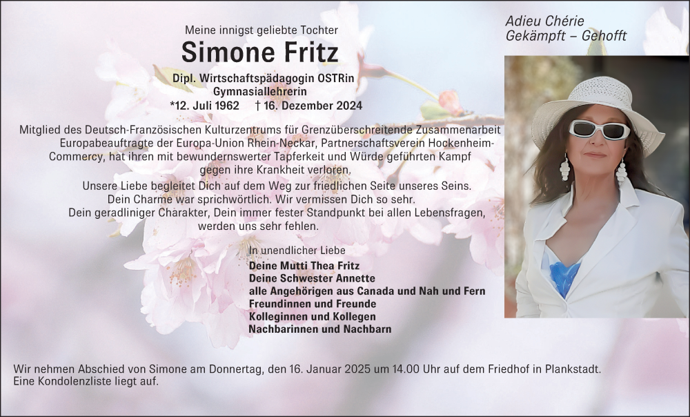  Traueranzeige für Simone Fritz vom 11.01.2025 aus Schwetzinger Zeitung