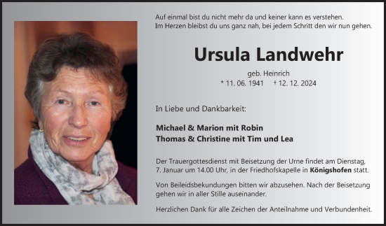 Traueranzeige von Ursula Landwehr von Fränkische Nachrichten