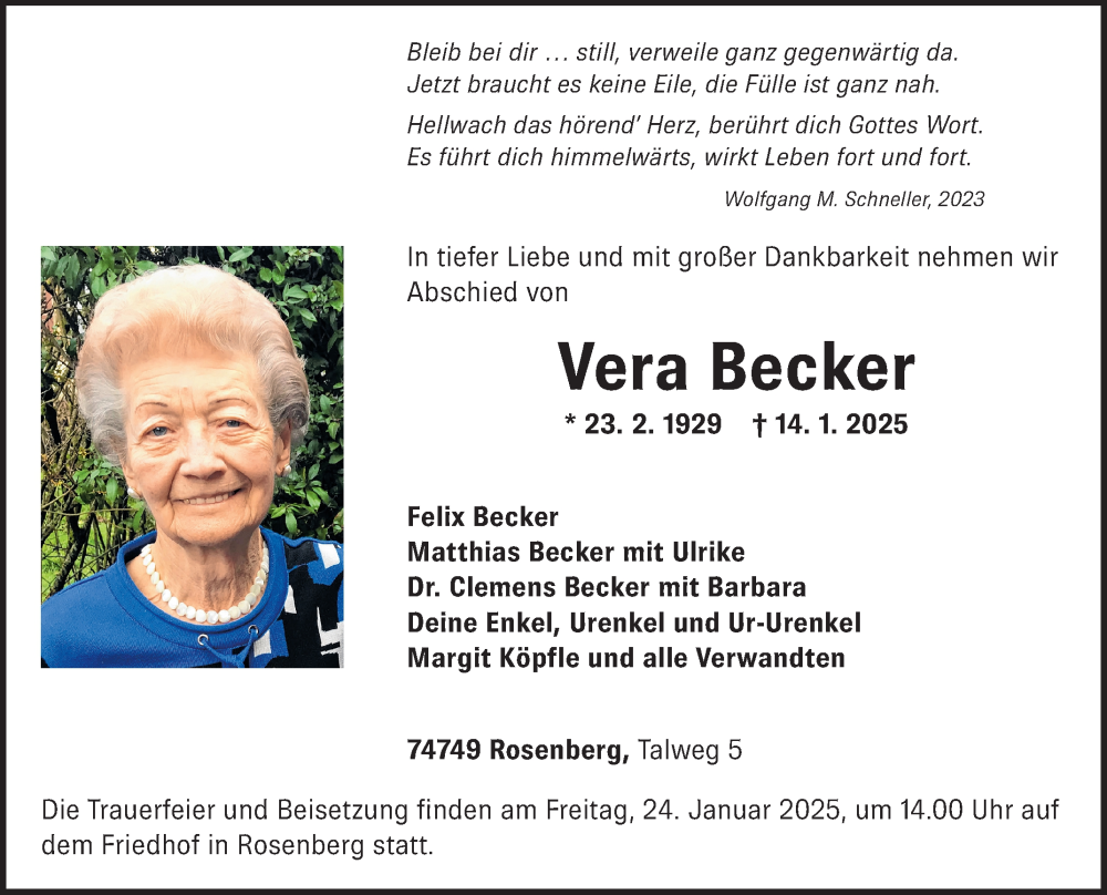  Traueranzeige für Vera Becker vom 18.01.2025 aus Fränkische Nachrichten
