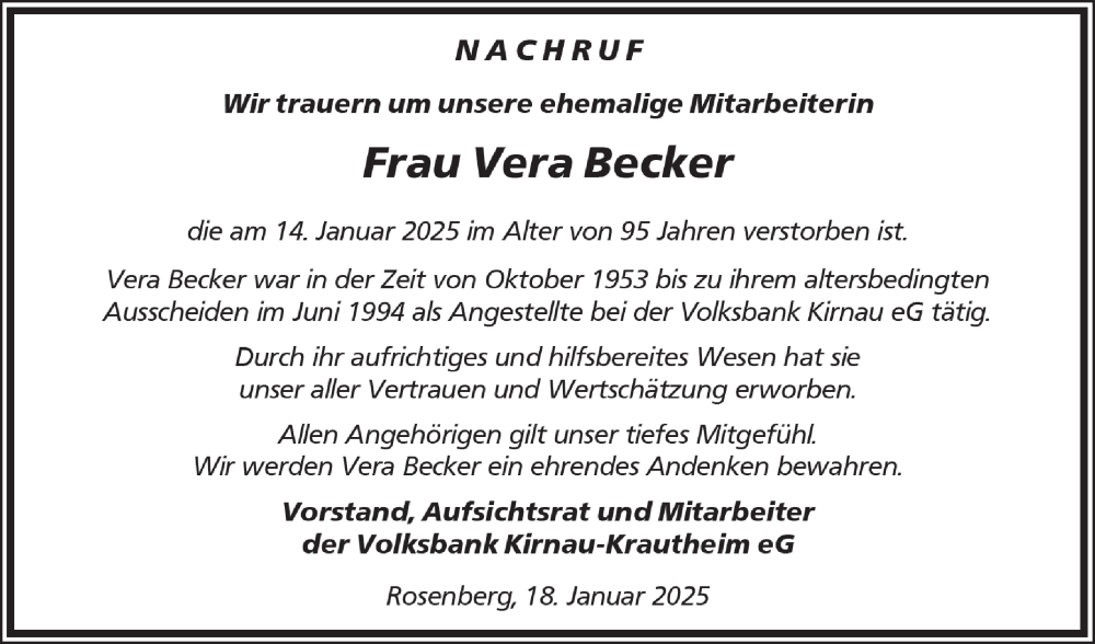  Traueranzeige für Vera Becker vom 18.01.2025 aus Fränkische Nachrichten