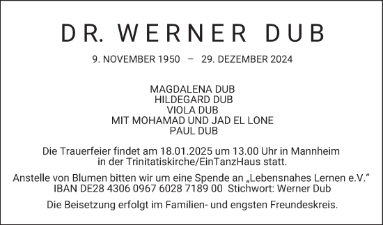 Traueranzeige von Werner Dub von Mannheimer Morgen