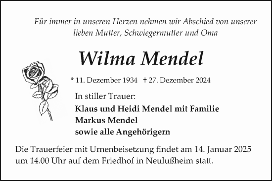 Traueranzeige von Wilma Mendel von Schwetzinger Zeitung