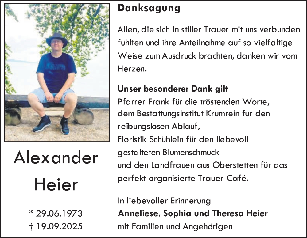  Traueranzeige für Alexander Heier vom 22.10.2025 aus Fränkische Nachrichten