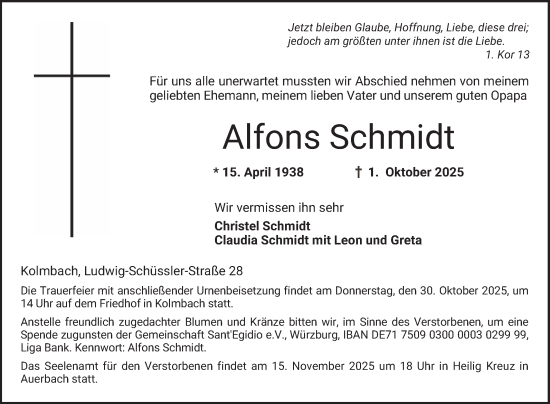 Traueranzeige von Alfons Schmidt von Bergsträßer Anzeiger