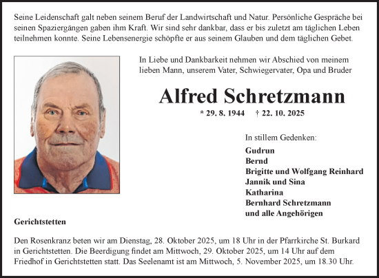 Traueranzeige von Alfred Schretzmann von Fränkische Nachrichten