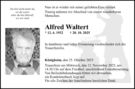Traueranzeige von Alfred Waltert von Fränkische Nachrichten