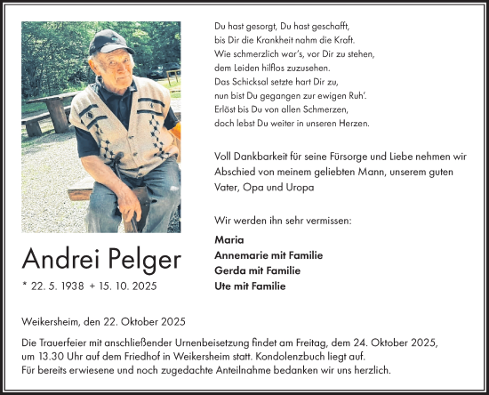 Traueranzeige von Andrei Pelger von Fränkische Nachrichten