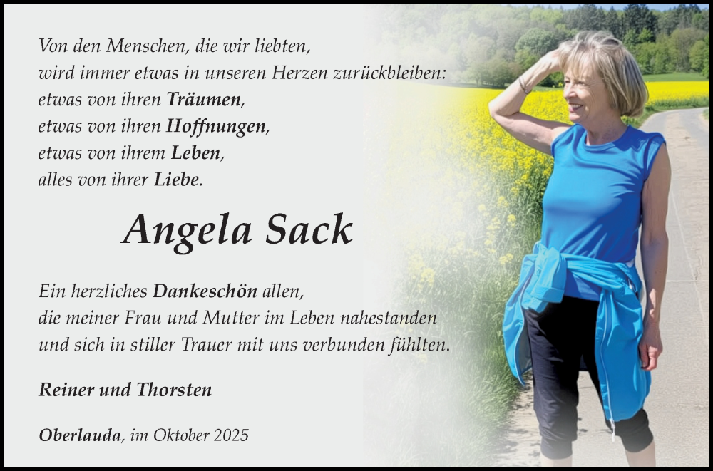  Traueranzeige für Angela Sack vom 18.10.2025 aus Fränkische Nachrichten