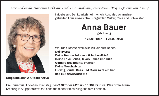 Traueranzeige von Anna Bauer von Fränkische Nachrichten