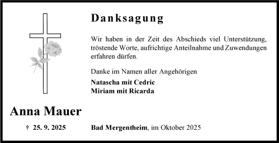 Traueranzeige von Anna Mauer von Fränkische Nachrichten