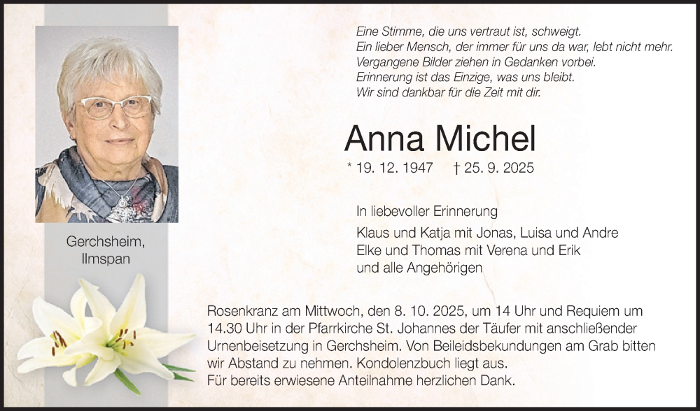  Traueranzeige für Anna Michel vom 04.10.2025 aus Fränkische Nachrichten