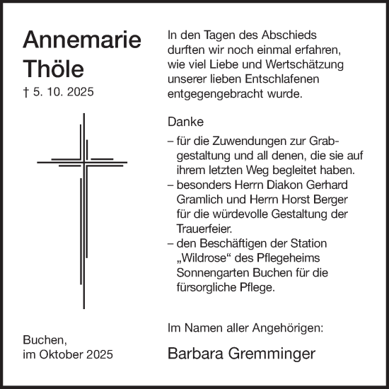 Traueranzeige von Annemarie Thöle von Fränkische Nachrichten