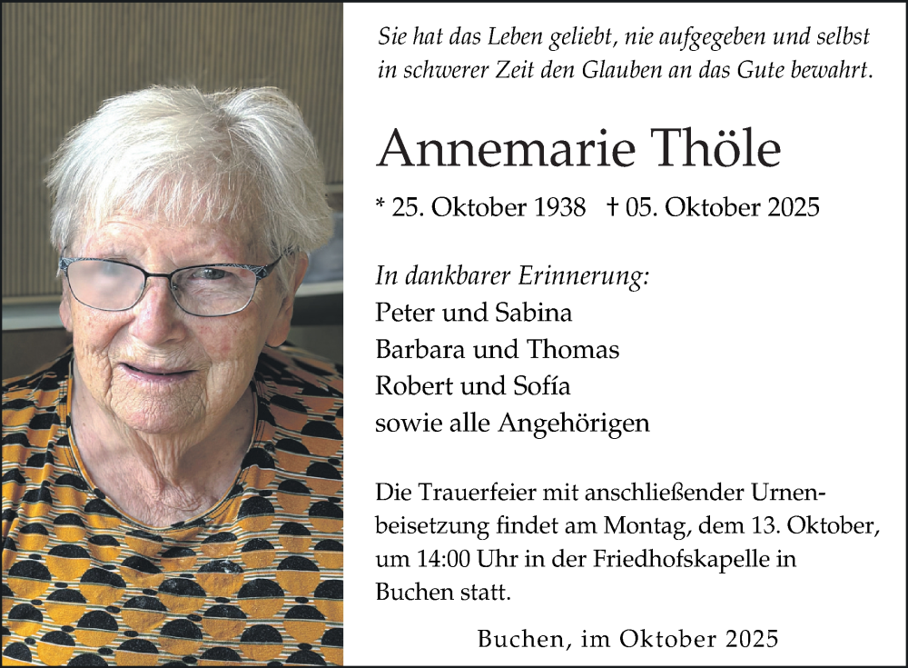  Traueranzeige für Annemarie Thöle vom 08.10.2025 aus Fränkische Nachrichten