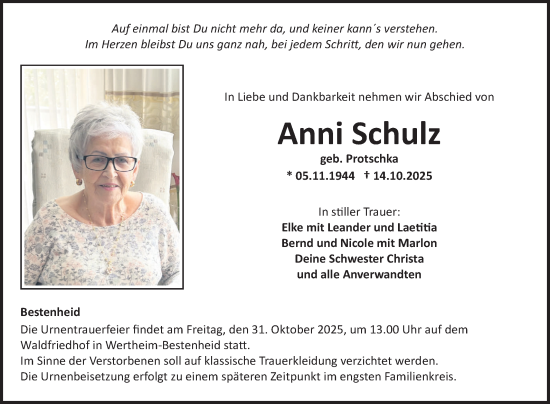 Traueranzeige von Anni Schulz von Fränkische Nachrichten