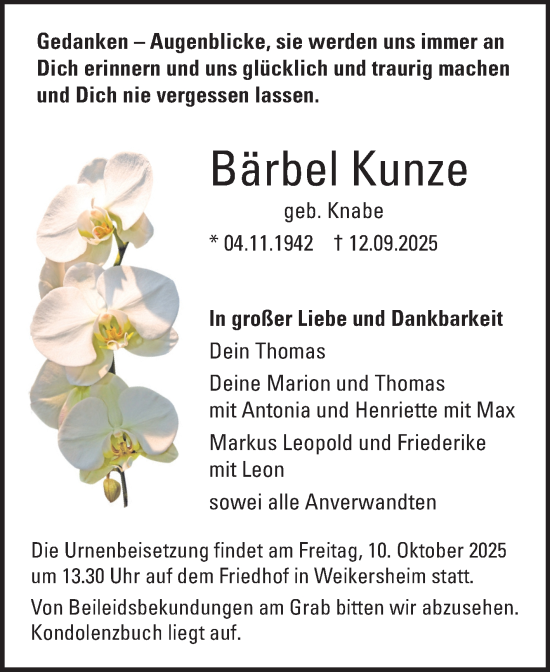 Traueranzeige von Bärbel Kunze von Fränkische Nachrichten