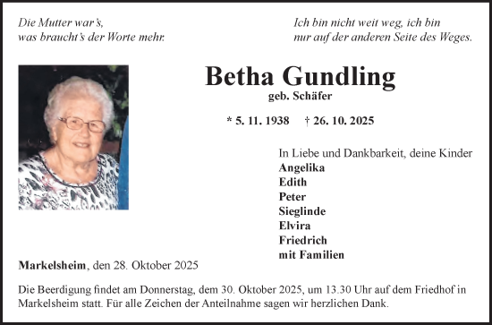 Traueranzeige von Bertha Gundling von Fränkische Nachrichten