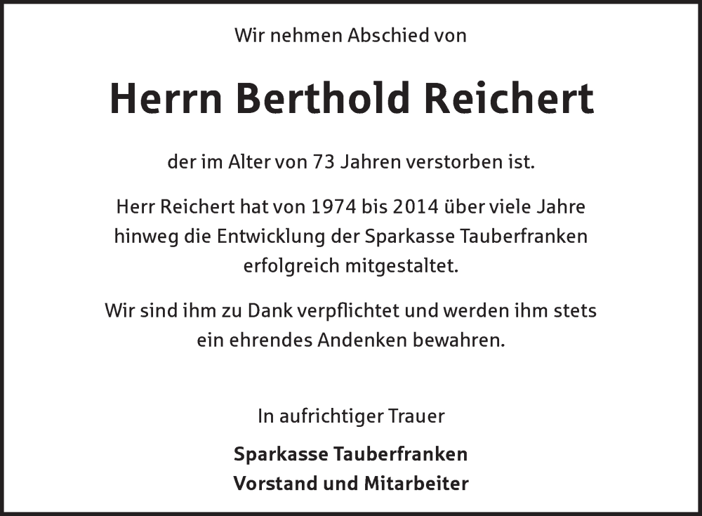  Traueranzeige für Berthold Reichert vom 24.10.2025 aus Fränkische Nachrichten