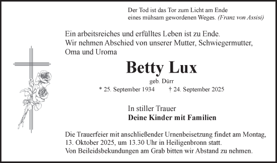 Traueranzeige von Betty Lux von Fränkische Nachrichten