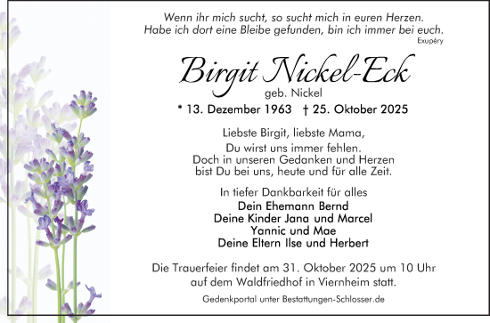 Traueranzeige von Birgit Nickel-Eck von Mannheimer Morgen