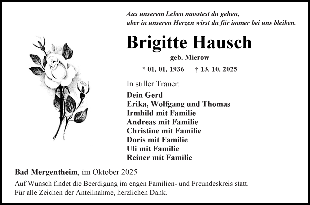  Traueranzeige für Brigitte Hausch vom 21.10.2025 aus Fränkische Nachrichten