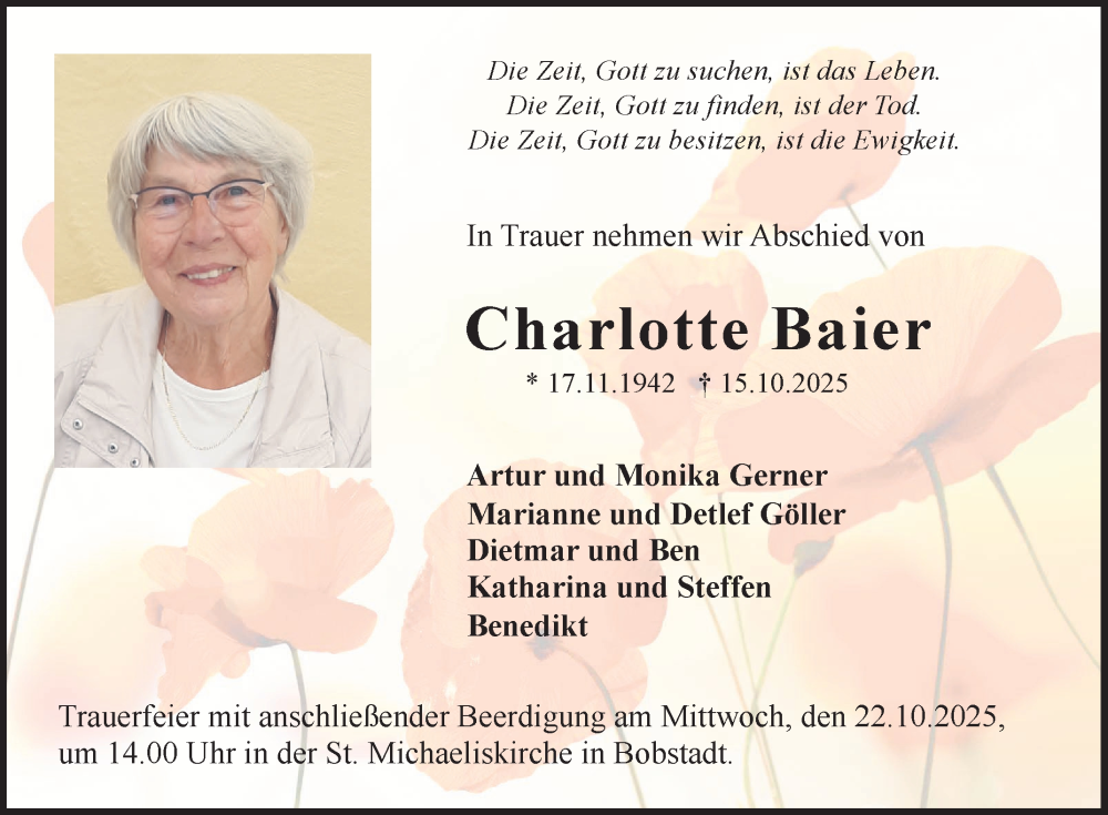  Traueranzeige für Charlotte Baier vom 18.10.2025 aus Fränkische Nachrichten