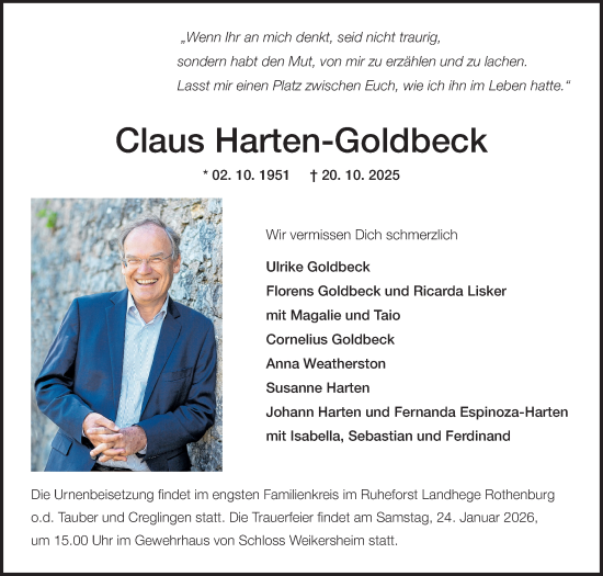 Traueranzeige von Claus Harten-Goldbeck von Fränkische Nachrichten