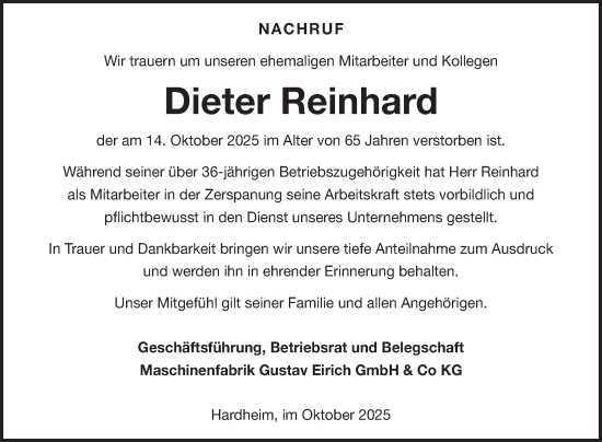Traueranzeige von Dieter Reinhard von Fränkische Nachrichten