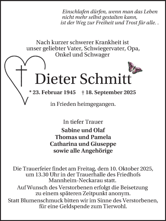 Traueranzeige von Dieter Schmitt von Mannheimer Morgen